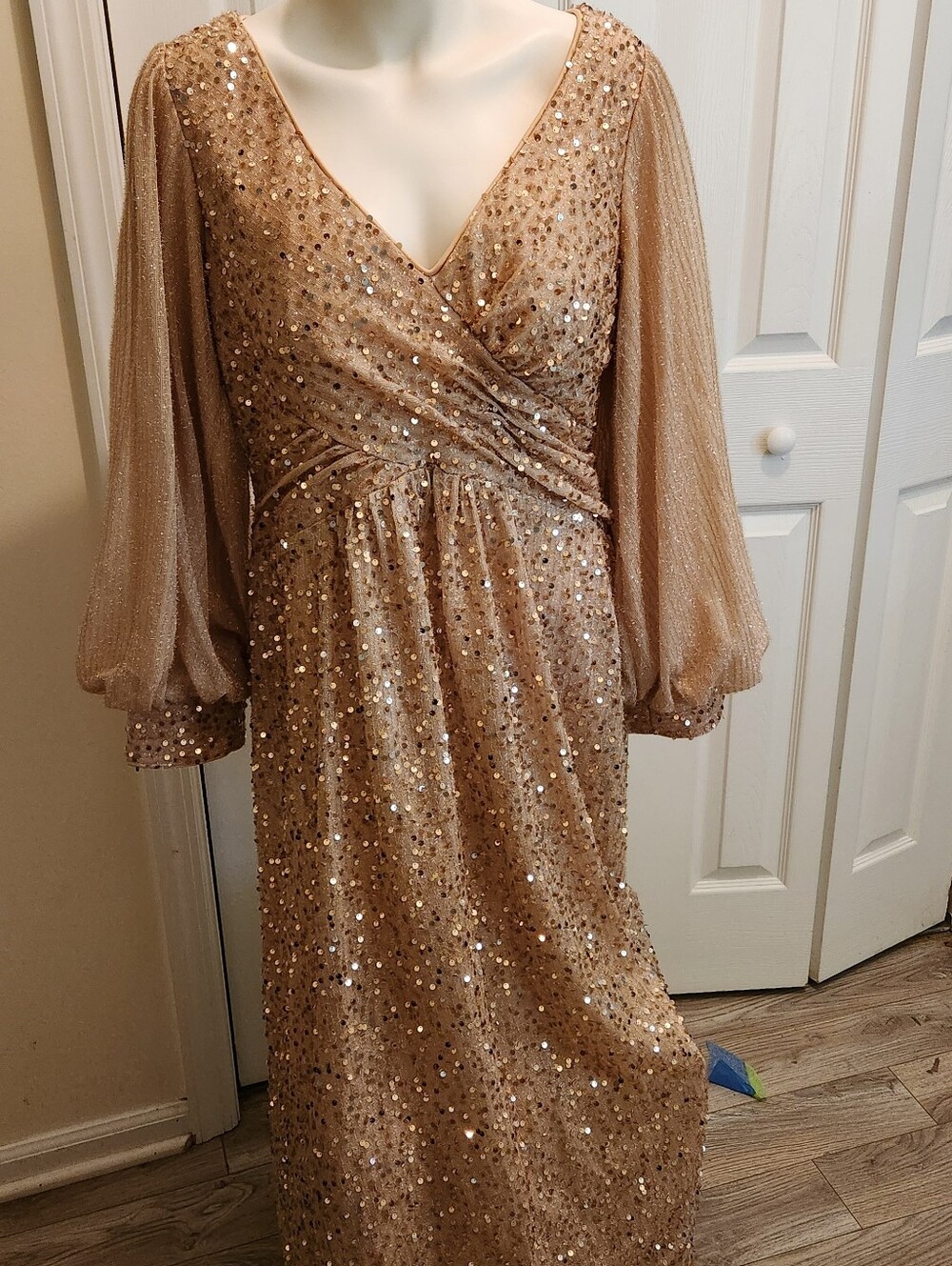 Sequin Long-Sleeve Evening Gown in Peachy Rose Gold Very Flattering